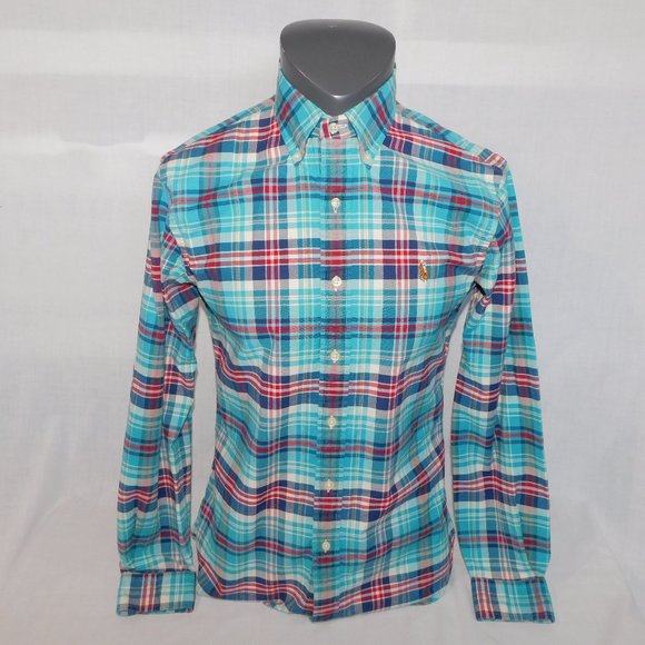 Polo Ralph Lauren Mens M Blue Plaid Long Sleeve Button Front Shirt Slim Fit - Picture 1 of 11